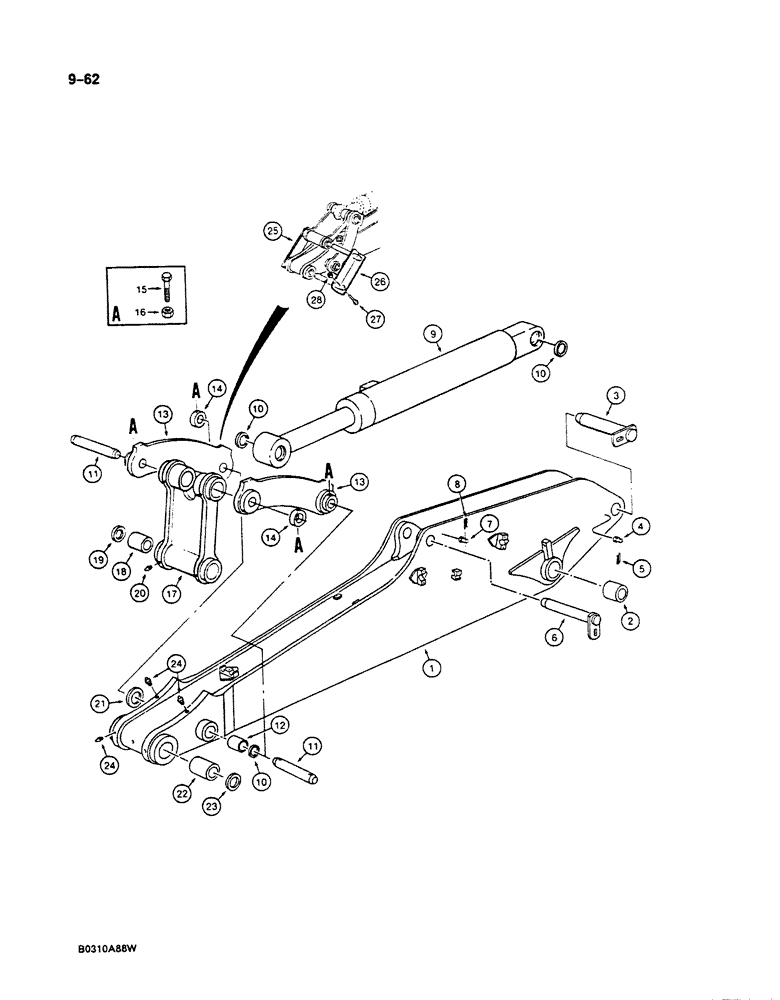 Схема запчастей Case 125B - (9-062) - ARM, LINKS AND MOUNTING PINS, W/ 10 6" (3.2 M) ARM, P.I.N.74436 THRU 74963, 21801 THRU 21806, 21809 (09) - CHASSIS