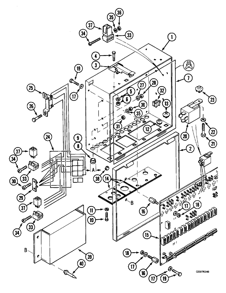 Схема запчастей Case 220B - (4-64) - ELECTRICAL BOX, WITH TOP LATCHED ACCESS DOOR, P.I.N. 74595 - 74597, P.I.N. 03201 AND AFTER (04) - ELECTRICAL SYSTEMS