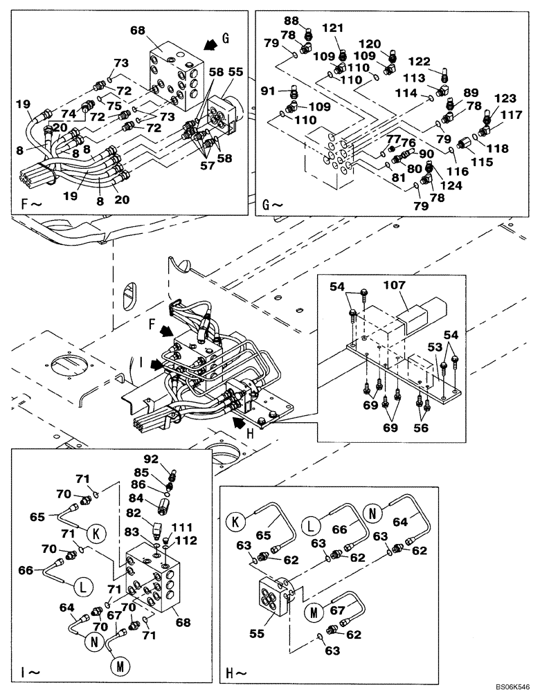 Схема запчастей Case CX240B - (08-021) - PILOT CONTROL LINES, PARTITION - TWO WAY (08) - HYDRAULICS