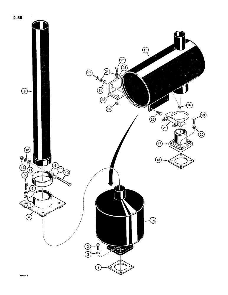 Схема запчастей Case 550 - (2-56) - MUFFLER MOUNTING AND EXHAUST PARTS, MODELS WITHOUT A TURBOCHARGER (02) - ENGINE