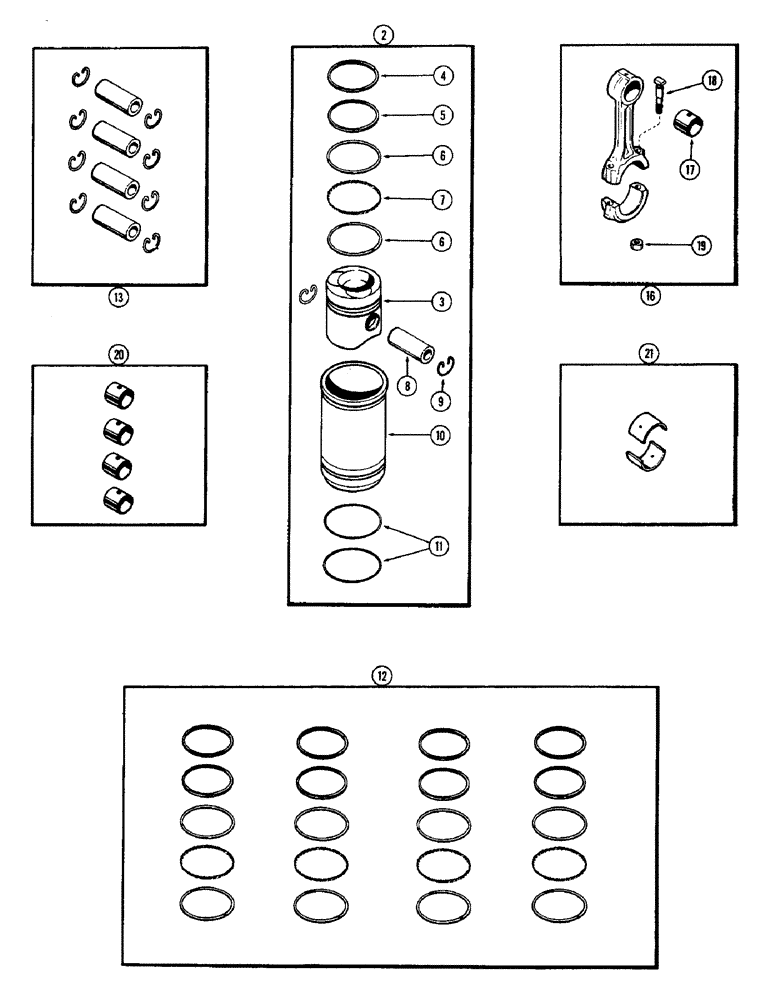 Схема запчастей Case 580 - (016) - PISTON ASSEMBLY AND CONNECTING RODS, (188) DIESEL ENGINE 1ST USED ENG. SER. NO. 2656844 (10) - ENGINE