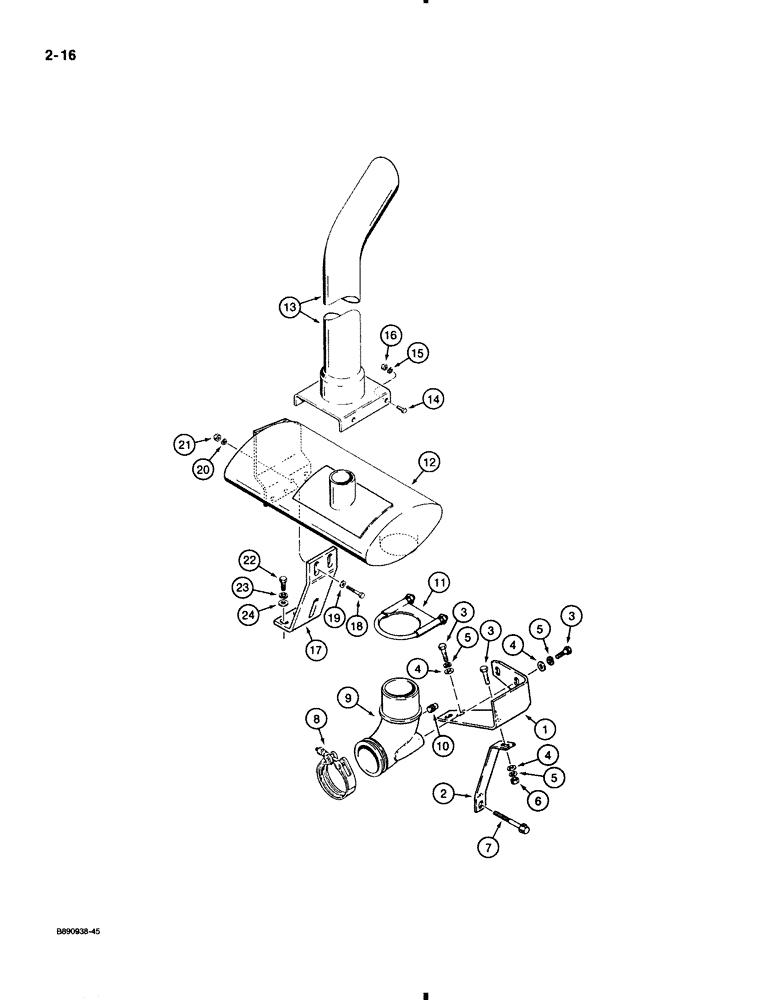 Схема запчастей Case 580K - (2-016) - MUFFLER AND EXHAUST SYSTEM, MODELS WITH TURBOCHARGED ENGINE (02) - ENGINE