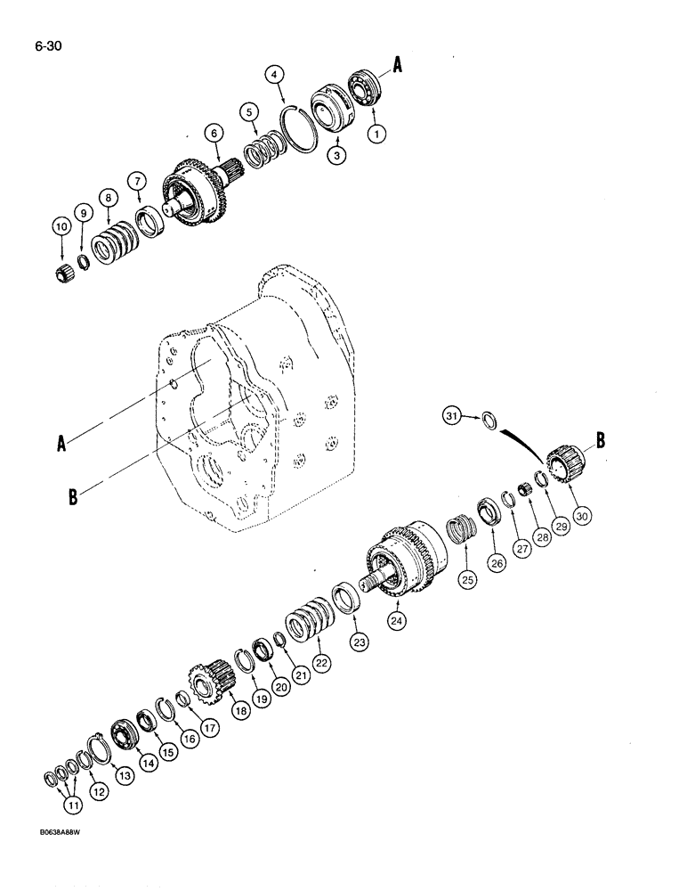 Схема запчастей Case 780D - (6-30) - TRANSMISSION FORWARD, REVERSE, AND SECOND GEARS, 2W & 4WD MODELS (06) - POWER TRAIN