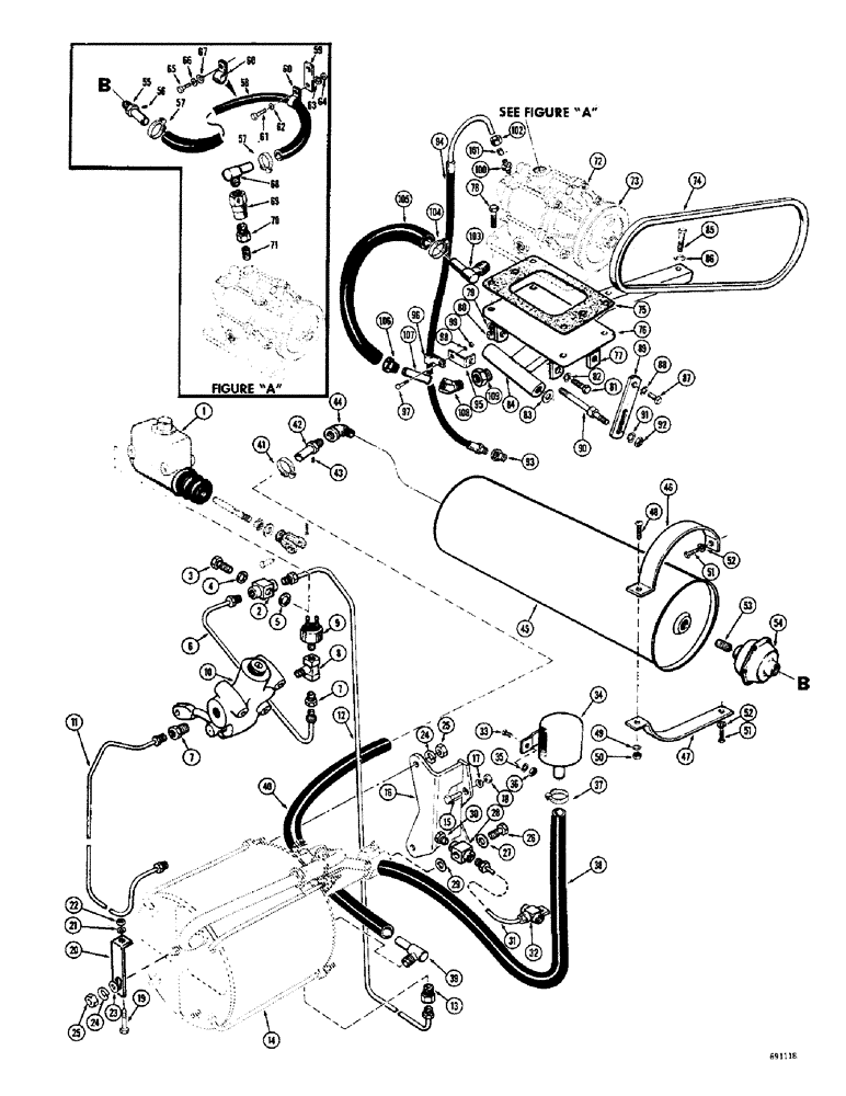 Схема запчастей Case W10B - (108) - HYDROVAC BRAKE SYSTEM, DIESEL ENGINE, HYDROVAC PUMP CYLINDERS, RESERVE TANK AND FILTERS (07) - BRAKES