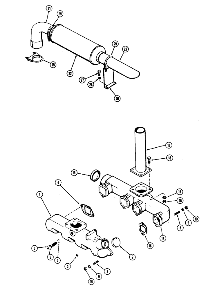 Схема запчастей Case W7E - (008) - MANIFOLD & MUFFLER, (301B) DIESEL ENGINE, HORIZONTAL TYPE - EARLY PRODUCTION (02) - ENGINE