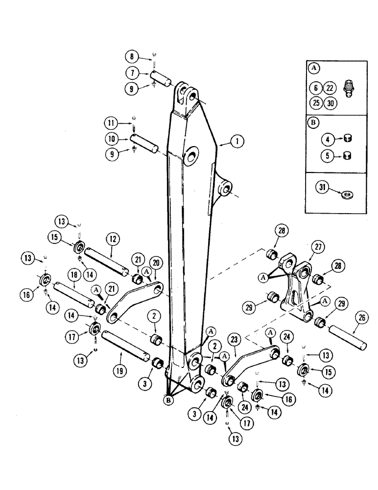 Схема запчастей Case 35 - (098) - "E" BOOM DIPPERSTICK WITH ATTACHMENT LINKS AND PINS (84) - BOOMS, DIPPERS & BUCKETS