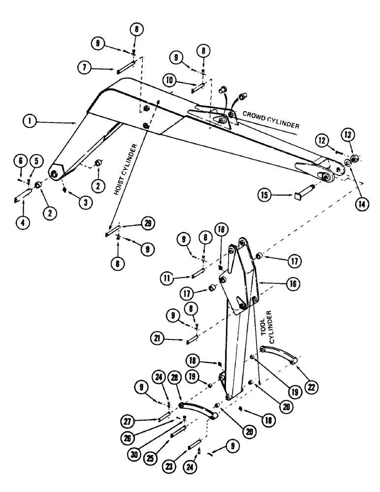 Схема запчастей Case 880B - (266) - "E" BOOM, DIPPERSTICK AND PINS (05) - UPPERSTRUCTURE CHASSIS