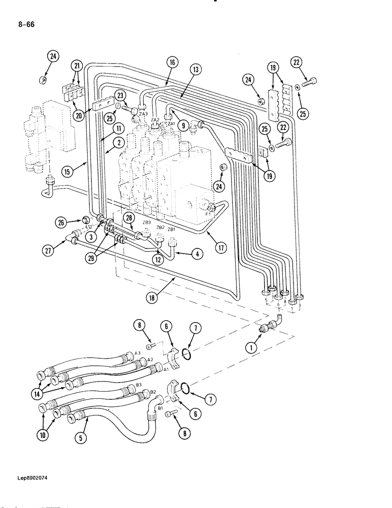 Схема запчастей Case 888 - (8-066) - HYDRAULIC CONTROL CIRCUIT, TO SOLENOID AND ATTACHMENT CONTROL VALVES, P.I.N. FROM XXXXX TO XXXXX (08) - HYDRAULICS