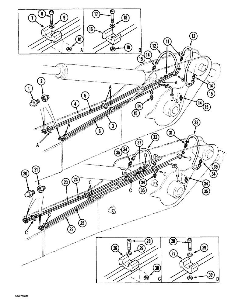 Схема запчастей Case 220B - (9-058) - ARM LUBRICATION LINES, PIN 74441 - 74569,USED ON UNITS W/ 3 METER ARM (09) - CHASSIS