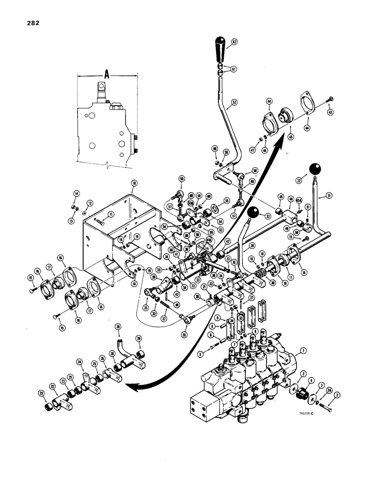 Схема запчастей Case 1450 - (282) - EQUIPMENT CONTROL VALVE AND LEVERS, THREE LEVER - 4 SPOOL VALVES STAMPED W/CASE PN (08) - HYDRAULICS