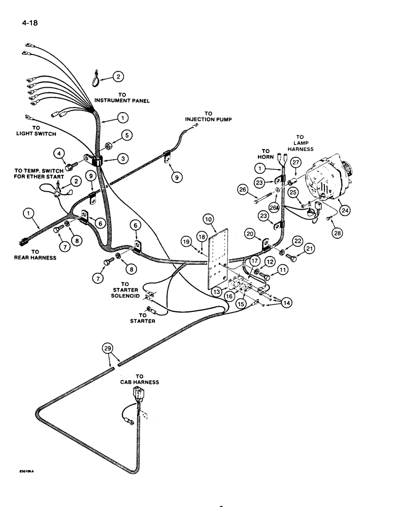 Схема запчастей Case 855D - (4-18) - FRONT WIRING HARNESS, AND DELCO-REMY ALTERNATOR MOUNTING (04) - ELECTRICAL SYSTEMS