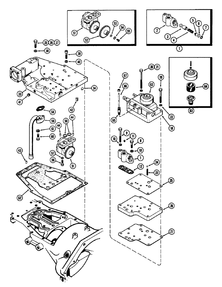 Схема запчастей Case 580 - (097A) - PUMP AND VALVE ADAPTERS, POWER SHUTTLE, USED PRIOR TO TRAC. S/N. 8314666 (21) - TRANSMISSION