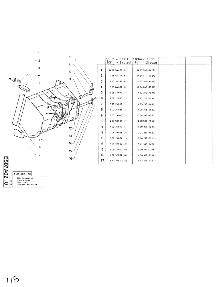 Схема запчастей Case SC150L - (118) - LOADER BUCKET, 1,60M - 1500L, 63" - 2 CU. YD. 