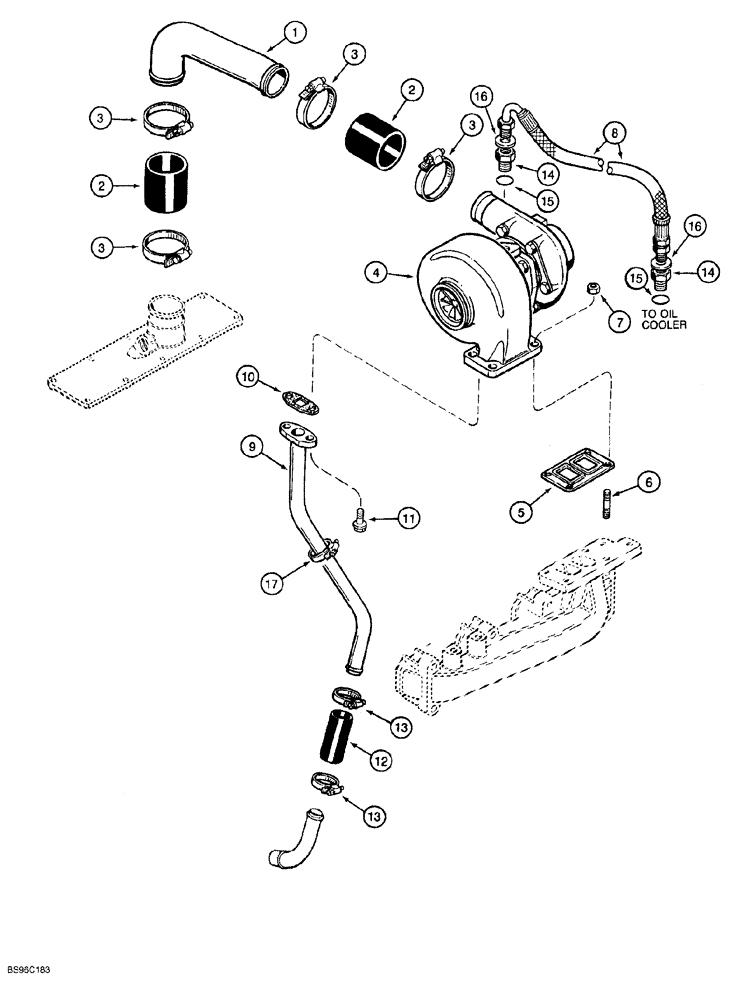 Схема запчастей Case 650G - (2-24) - TURBOCHARGER SYSTEM 4T-390 ENGINE PRIOR TO CRAWLER P.I.N. JJG0216449 (02) - ENGINE