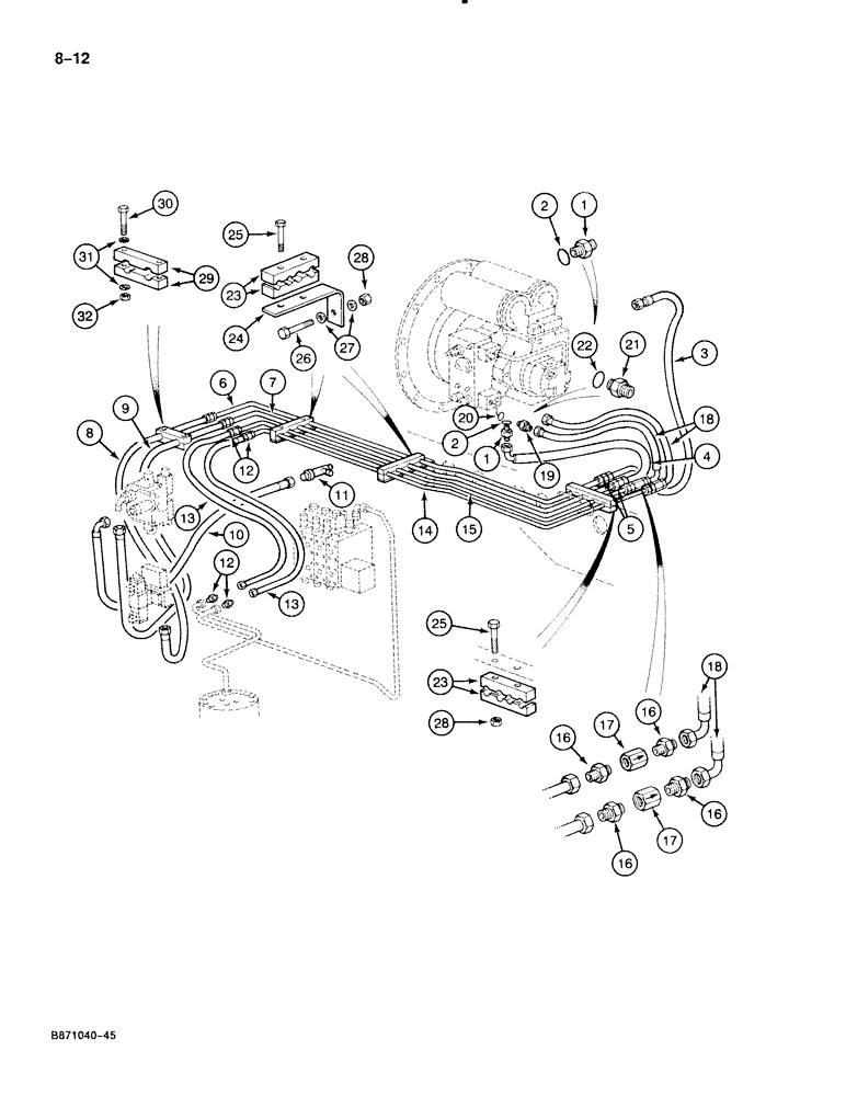 Схема запчастей Case 888 - (8-012) - HYDRAULIC PUMP LINES, PUMP TO SWING VALVE, SOLENOID VALVE AND SWIVEL, P.I.N. FROM 74163 TO XXXXX (08) - HYDRAULICS