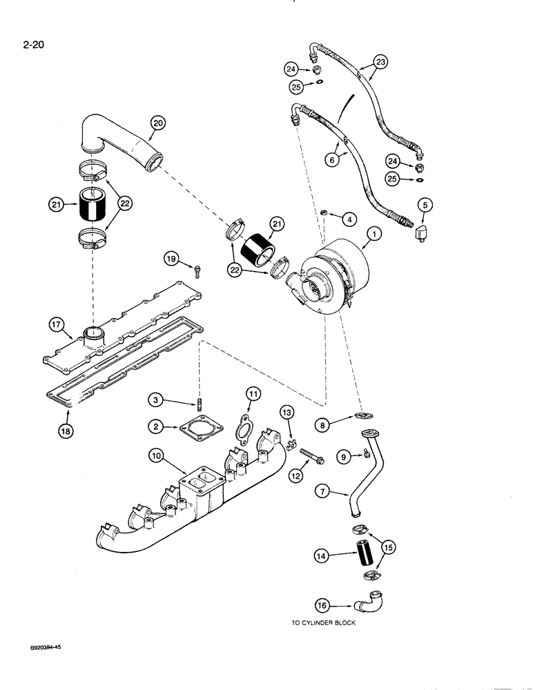 Схема запчастей Case 821 - (2-020) - TURBOCHARGER SYSTEM AND MANIFOLDS, 6T-830 ENGINE (02) - ENGINE