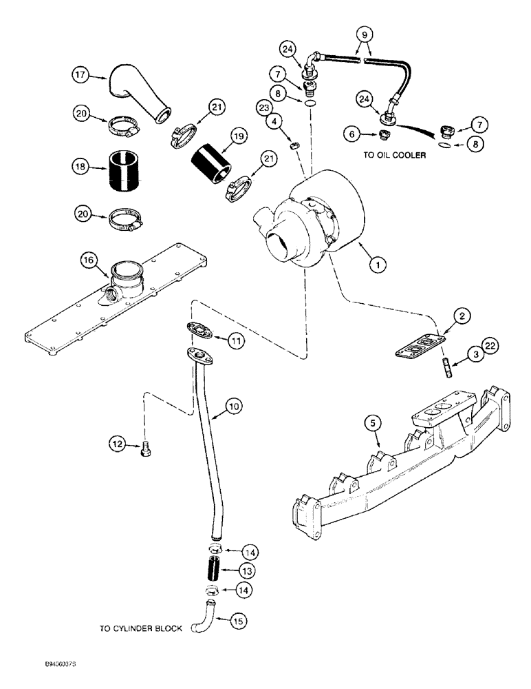 Схема запчастей Case 1155E - (2-014) - TURBOCHARGER SYSTEM, 6T-590 ENGINE (02) - ENGINE