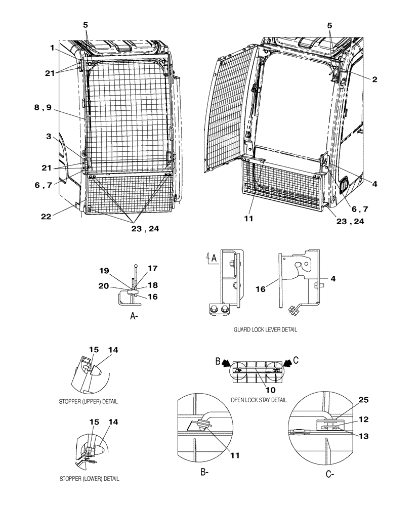Схема запчастей Case CX130C - (90.150.BJ[02]) - CAB FRONT GUARD - MESH, UPPER WINDSHIELD (90) - PLATFORM, CAB, BODYWORK AND DECALS