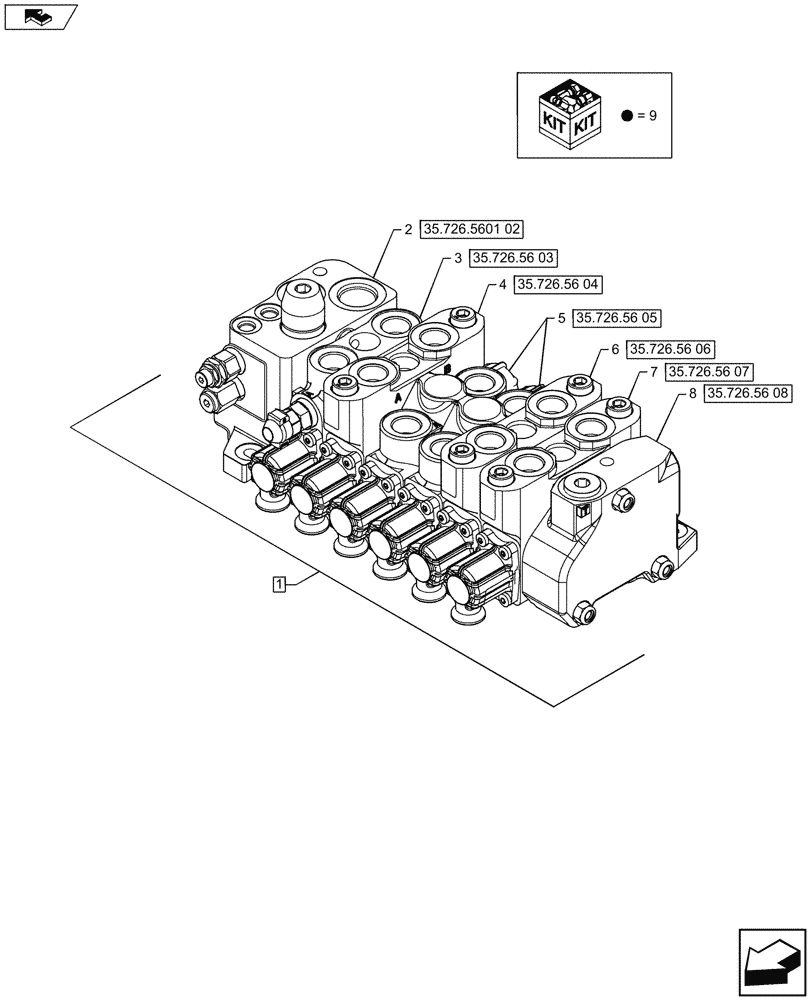 Схема запчастей Case 590SN - (35.726.5601[01]) - BACKHOE CONTROL VALVE, 6-SPOOL, W/ STANDARD DIPPER, W/ PILOT CONTROLS - C9006 (35) - HYDRAULIC SYSTEMS