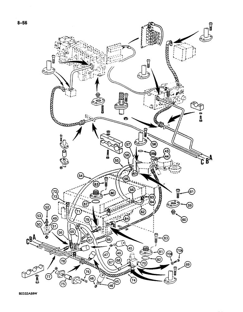 Схема запчастей Case 125B - (8-056) - HYDRAULIC CIRCUIT RETURN LINES, P.I.N. 74251 THROUGH 74630 (08) - HYDRAULICS