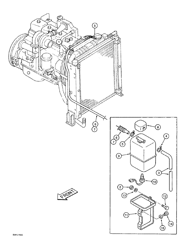 Схема запчастей Case 9010B - (2-012) - RADIATOR OVERFLOW RESERVOIR AND HOSES, PRIOR TO P.I.N. DAC01#2001 (02) - ENGINE