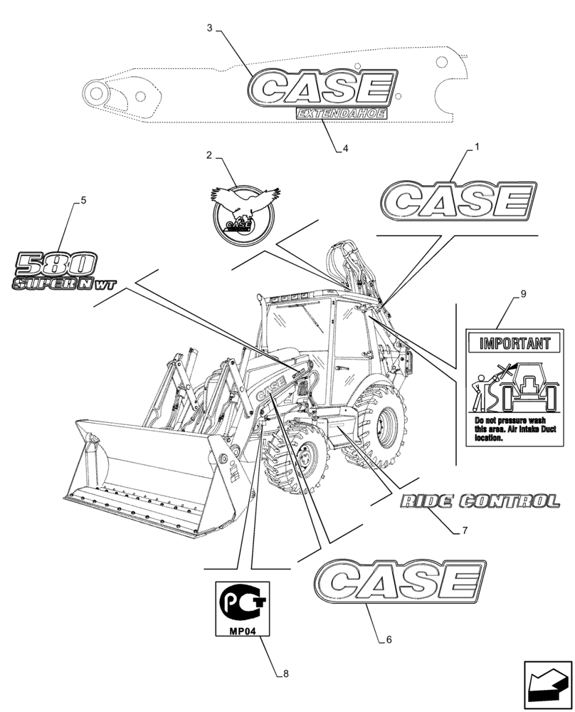 Схема запчастей Case 580SN WT - (90.108.01[01]) - DECALS (90) - PLATFORM, CAB, BODYWORK AND DECALS