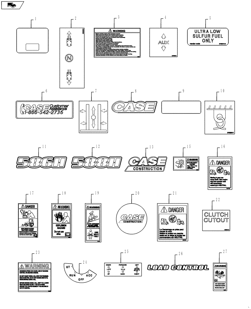 Схема запчастей Case 588H - (90.108.03) - DECALS COMMON ENGLISH (90) - PLATFORM, CAB, BODYWORK AND DECALS