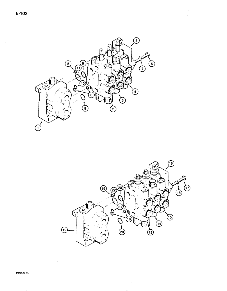 Схема запчастей Case 850D - (8-102) - R46551 & R56566THREE SPOOL CONTROL VALVE, ANGLE TILT DOZER MODELS (08) - HYDRAULICS