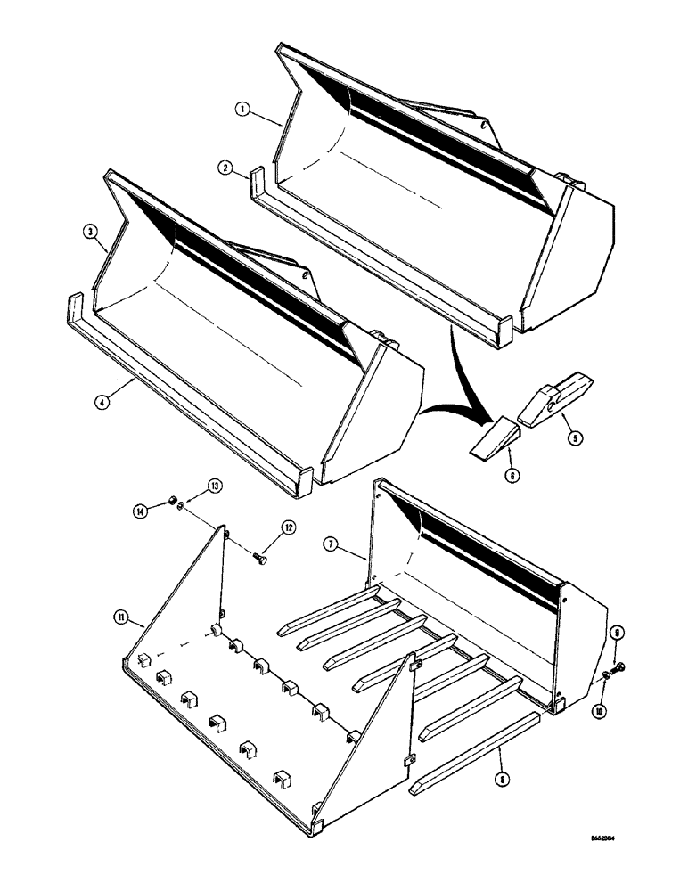 Схема запчастей Case 26B - (012) - LOADER BUCKETS (OPTIONAL TYPES), USED WITH SINGLE TILT CYLINDER ONLY 