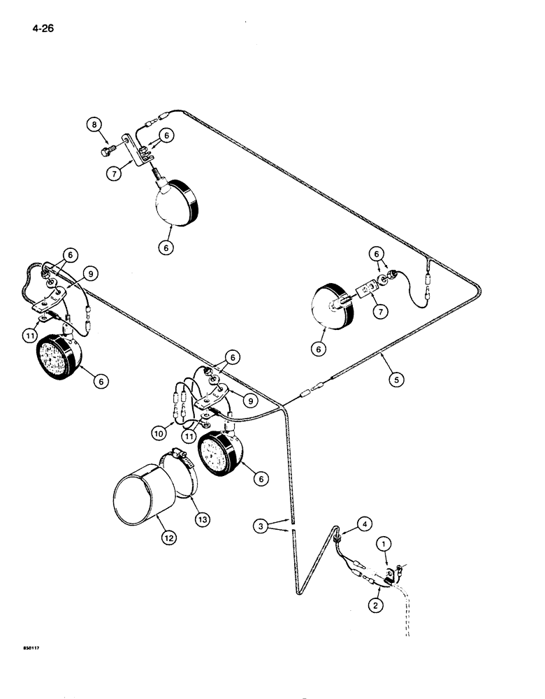 Схема запчастей Case 855D - (4-26) - LAMPS AND WIRING, MODELS WITH ROPS CANOPY, INCANDESCENT (04) - ELECTRICAL SYSTEMS