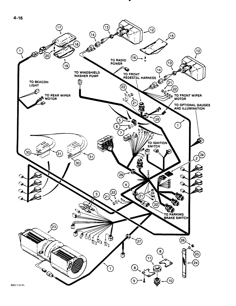 Схема запчастей Case 621 - (4-16) - CAB HARNESS, OPERATORS COMPARTMENT, LAMPS AND BLOWER (04) - ELECTRICAL SYSTEMS