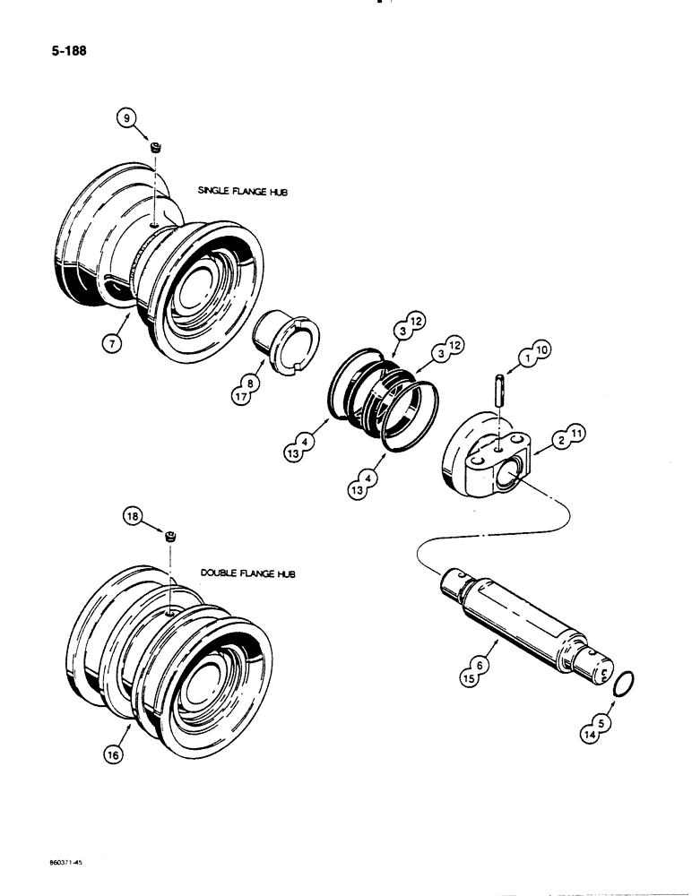 Схема запчастей Case 1455B - (5-188) - INTERTRAC TRACK ROLLERS (SHAFT RETAINED BY ROLL PINS) SINGLE FLANGE TRACK ROLLER - R33583 (11) - TRACKS/STEERING