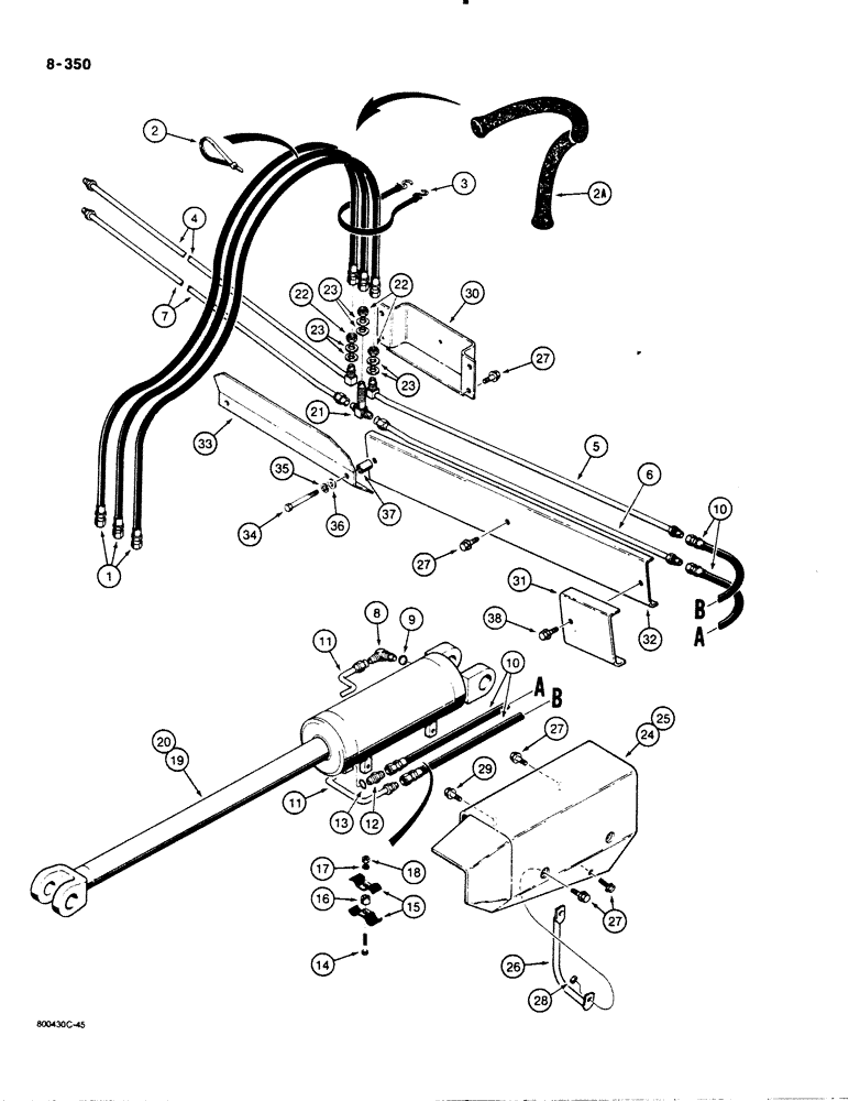 Схема запчастей Case 1455B - (8-350) - DOZER TILT AND PITCH HYDRAULIC CIRCUIT, ANGLE TILT PITCH DZER MODELS, GRILLE TO CYL. (08) - HYDRAULICS