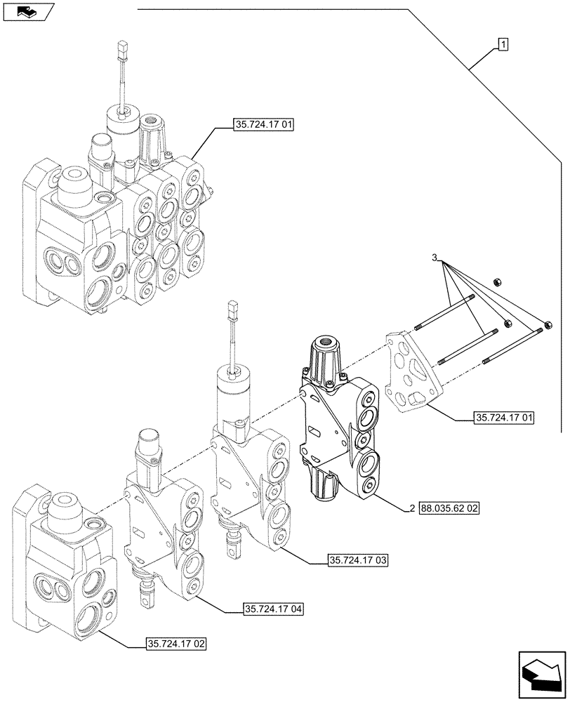 Схема запчастей Case 590SN - (88.035.62[01]) - DIA KIT, 3 SPOOL VALVE SECTIONS, TIE RODS (88) - ACCESSORIES