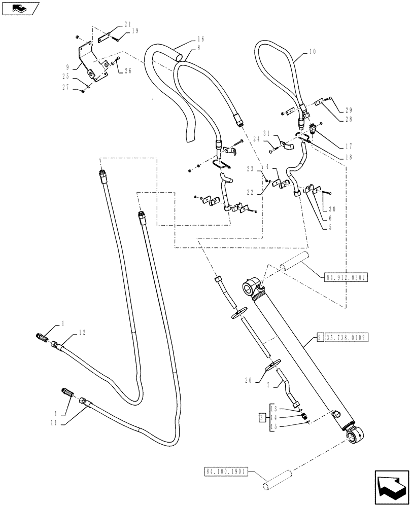 Схема запчастей Case 590SN - (35.738.0302) - VAR - 423076 - EXTENDABLE DIPPER, BUCKET CYLINDER, LINE (35) - HYDRAULIC SYSTEMS