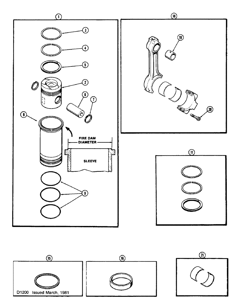 Схема запчастей Case 880 - (026) - PISTONS & SLEEVES, W/5.189" TO 5.194" FIRE DAM DIA. SLEEVE, 336BDT DIESEL ENGINE (01) - ENGINE