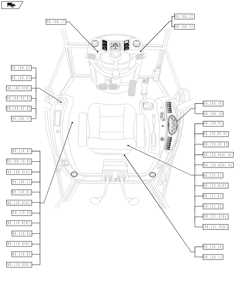 Схема запчастей Case 590SN - (00.000.90[02]) - PICTORIAL INDEX - PLATFORM, CAB, BODYWORK AND DECALS (00) - GENERAL & PICTORIAL INDEX