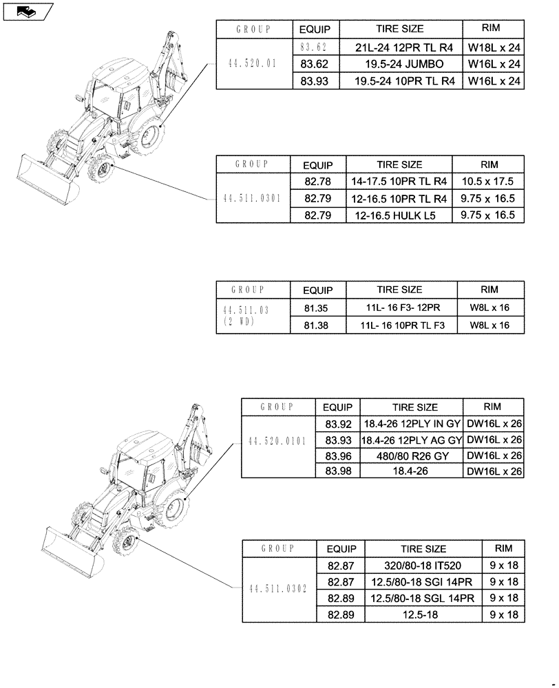 Схема запчастей Case 590SN - (00.000.44[01]) - PICTORIAL INDEX - AXLE AND WHEELS - FRONT (00) - GENERAL & PICTORIAL INDEX