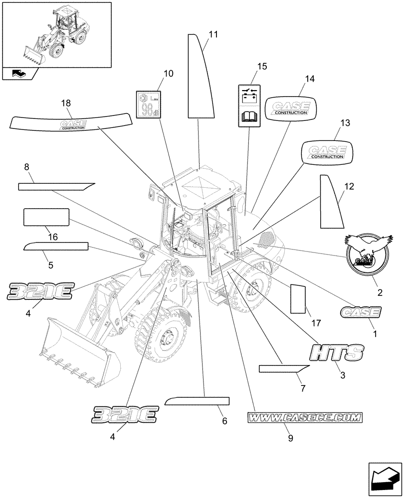 Схема запчастей Case 321E - (609/02[02]) - DECALS - HIGH SPEED - PORTUGUESE-BRAZILIAN - OPTIONAL CODE 482609027 (08) - SHEET METAL/DECALS