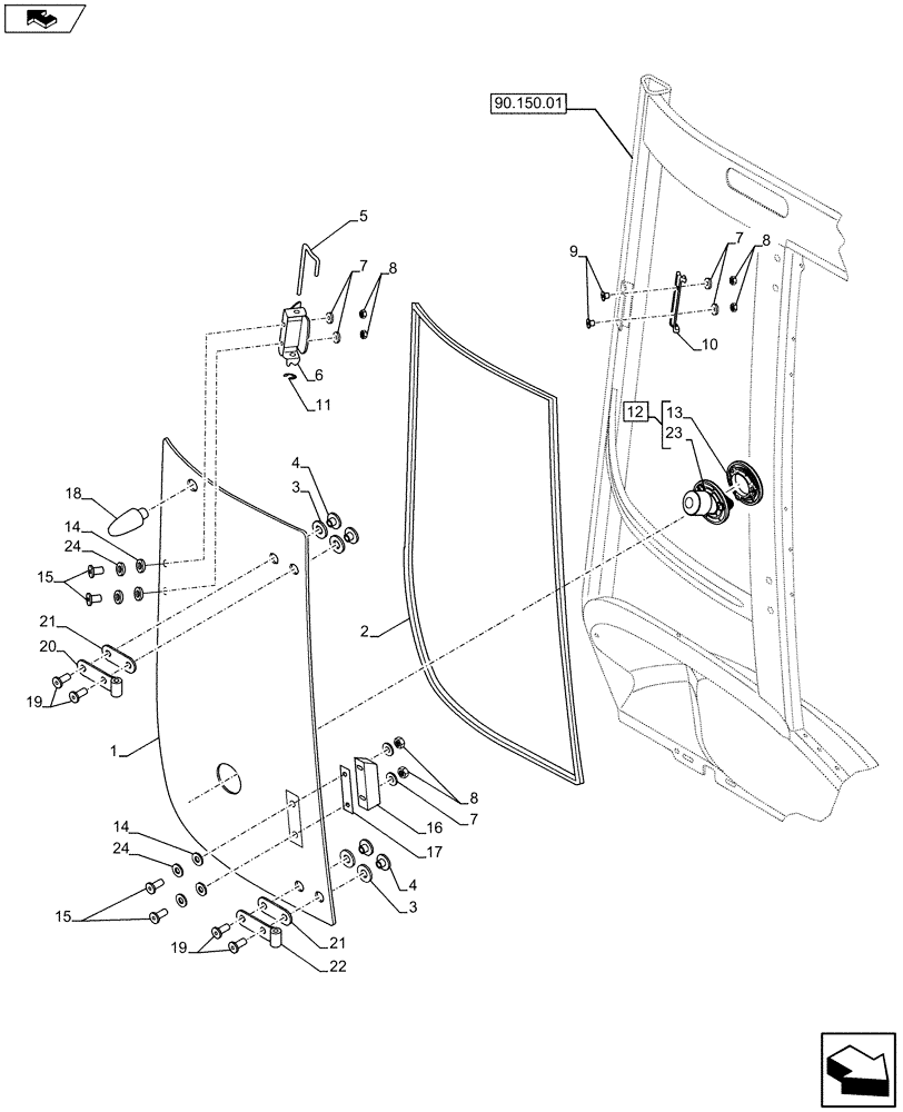 Схема запчастей Case 590SN - (90.156.03) - VAR - 747853, 747854, 747855 - WINDOW, RH, GLASS, REAR, UPPER (90) - PLATFORM, CAB, BODYWORK AND DECALS