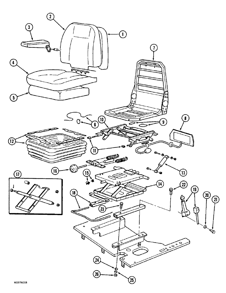 Схема запчастей Case 9010B - (9-043A) - 300642A1 SUSPENSION SEAT ASSEMBLY, P.I.N. DAC0102123 AND AFTER, SEAT BACK CUSHION HAS CASE LOGO* (09) - CHASSIS