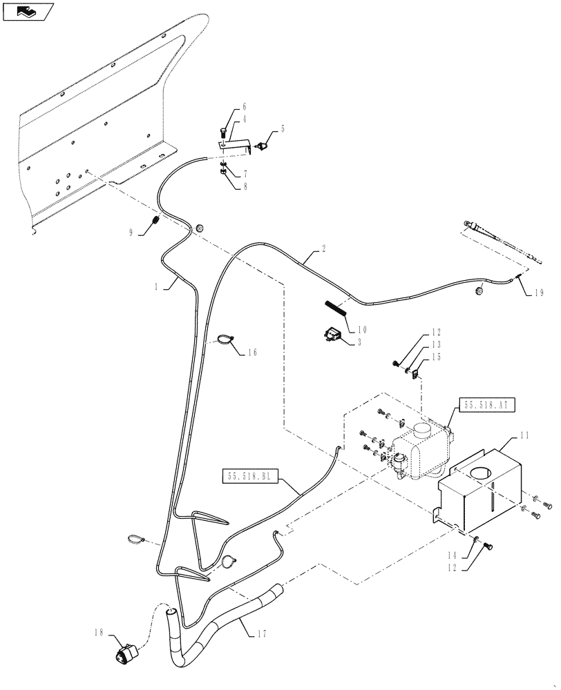 Схема запчастей Case 570NXT - (55.518.AP) - WINDSHIELD WASHER HOSES AND MOUNTING PARTS (55) - ELECTRICAL SYSTEMS