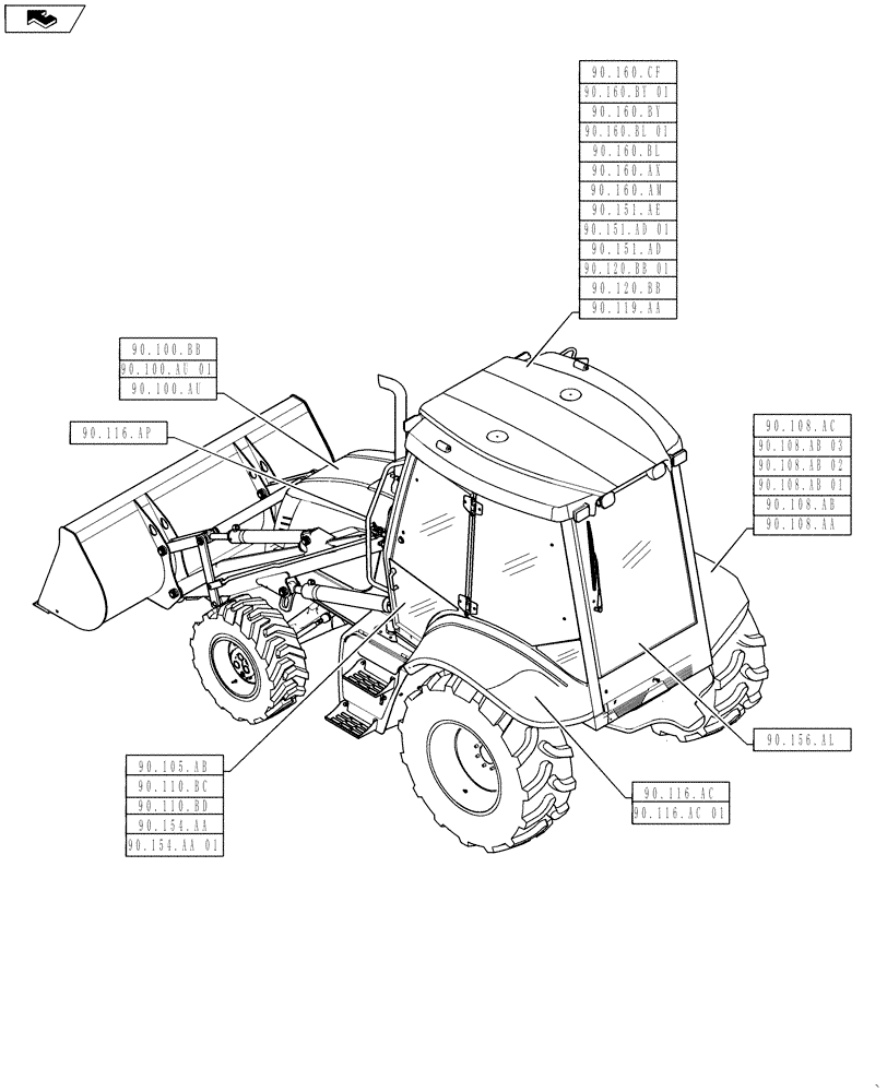 Схема запчастей Case 570NXT - (00.000.90) - PICTORIAL INDEX - PLATFORM, CAB, BODYWORK AND DECALS (00) - GENERAL & PICTORIAL INDEX
