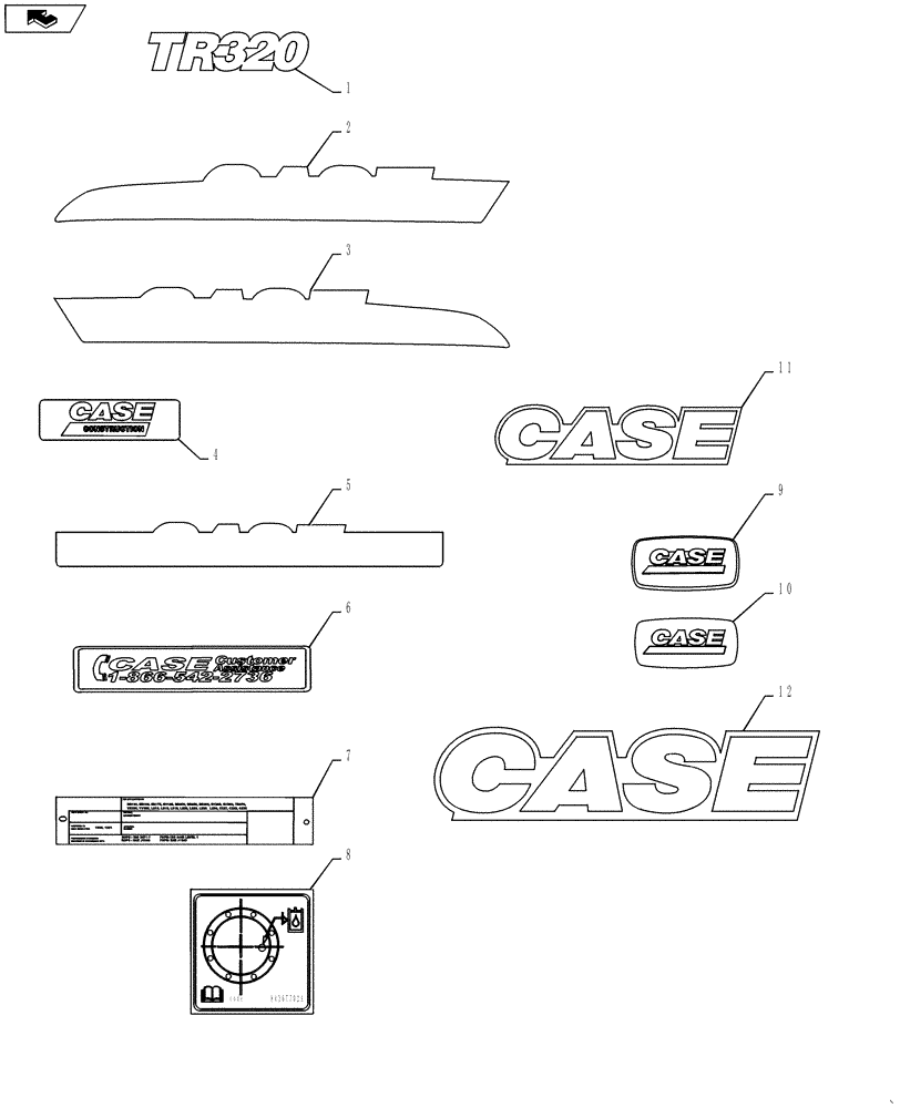 Схема запчастей Case TR320 - (90.180.01[01]) - DECALS (TR320) (90) - PLATFORM, CAB, BODYWORK AND DECALS