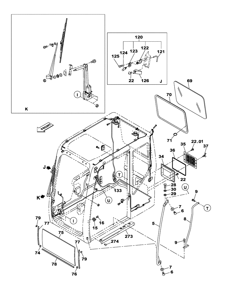 Схема запчастей Case CX210B - (09-28) - CAB - REAR WINDOW - HANDLE - WINDSHIELD WASHER (13) - CHASSIS/ATTACHMENTS