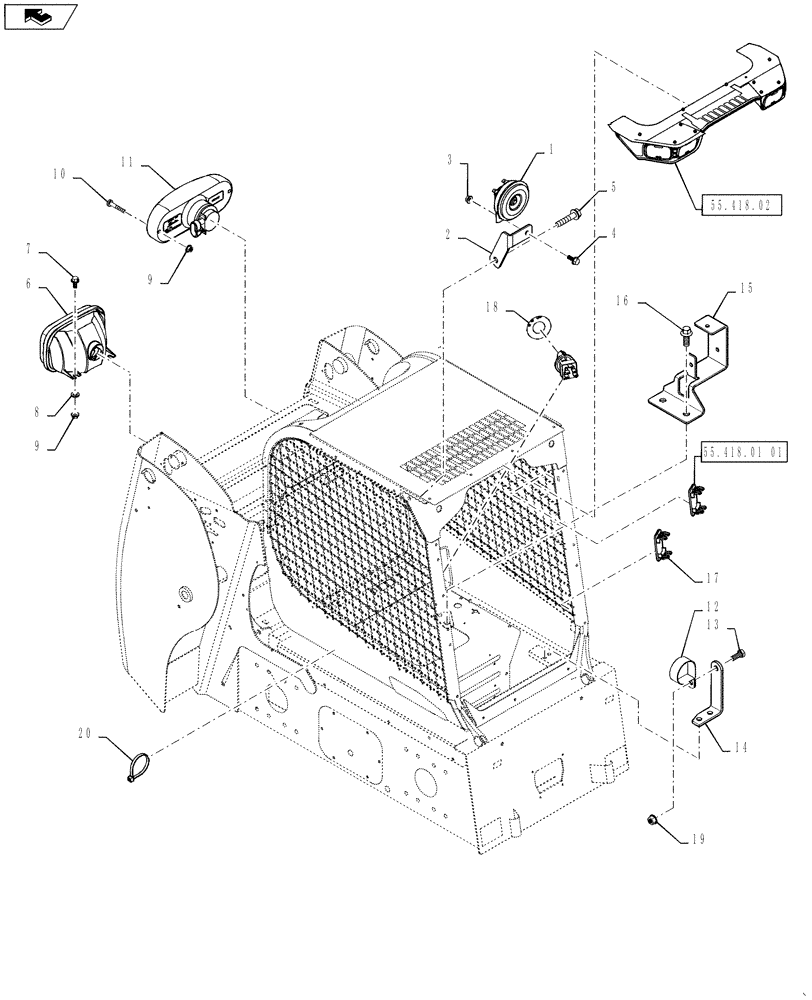 Схема запчастей Case SV300 - (55.418.01) - WORKLIGHTS, HORN AND RELATED PARTS (SV300,TV380) (55) - ELECTRICAL SYSTEMS