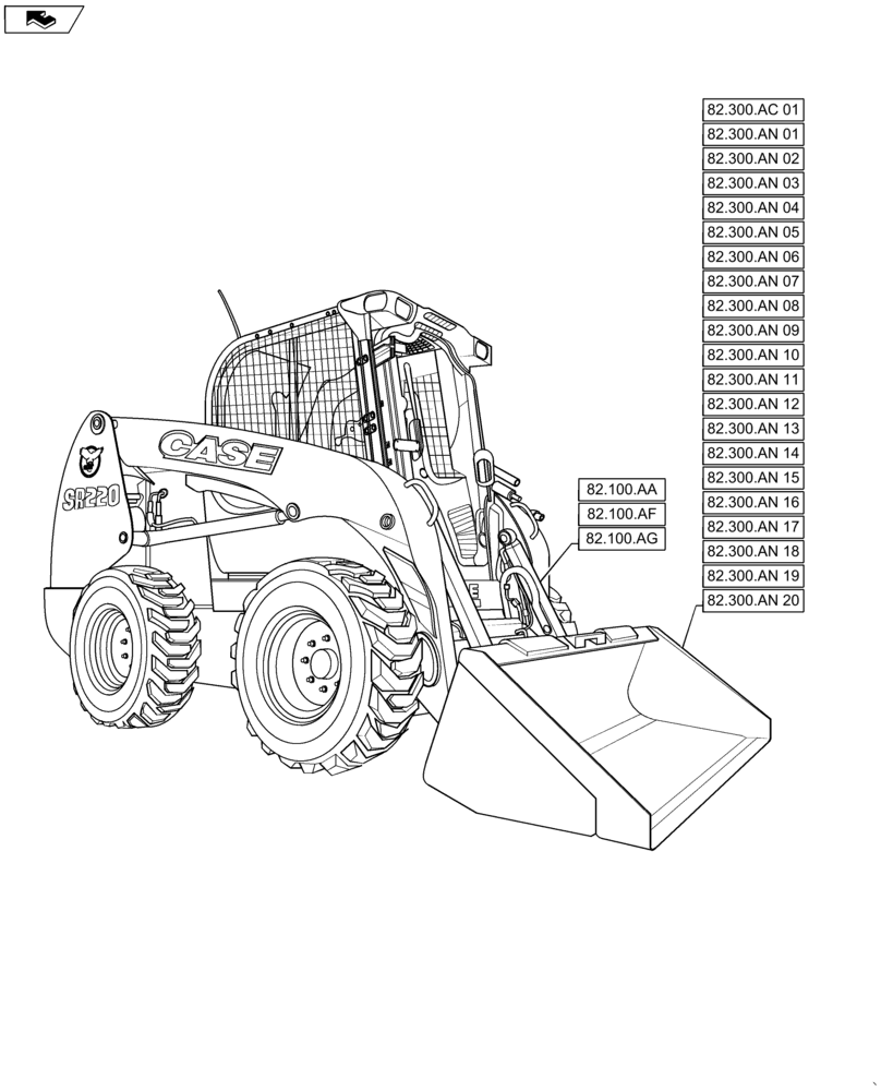 Схема запчастей Case SV250 - (82.000.00) - PICTORIAL INDEX - FRONT LOADER (82) - FRONT LOADER & BUCKET