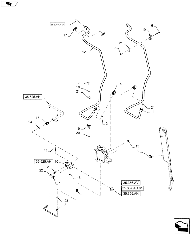 Схема запчастей Case SR220 - (35.525.AA[03]) - AUXILIARY CHASSIS PLUMBING, HIGH FLOW (35) - HYDRAULIC SYSTEMS