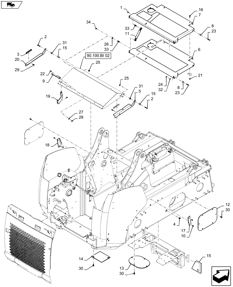 Схема запчастей Case SR220 - (90.100.BI[01]) - REAR HOOD AND CHASSIS ACCESS COVERS (90) - PLATFORM, CAB, BODYWORK AND DECALS