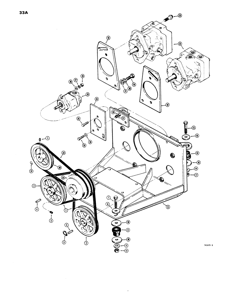 Схема запчастей Case 1816 - (33A) - SHEAVES, DRIVE BELTS AND PUMP MOUNTING, USED TRACTOR SERIAL NO. 9826660 AND AFTER (14) - MAIN GEARBOX & DRIVE